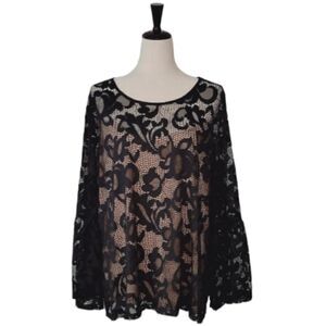 I.N.C. Woman Black Lace Tan Lining Flounce Sleeve Blouse Pullover Size 1X